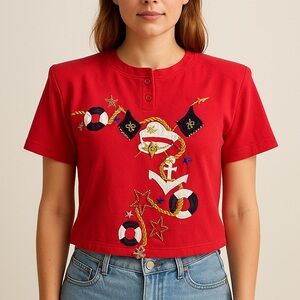 Vtg 80s Nautical Red Embroidered Tee L (Fits XS/S) Rope & Anchor Beading Detail